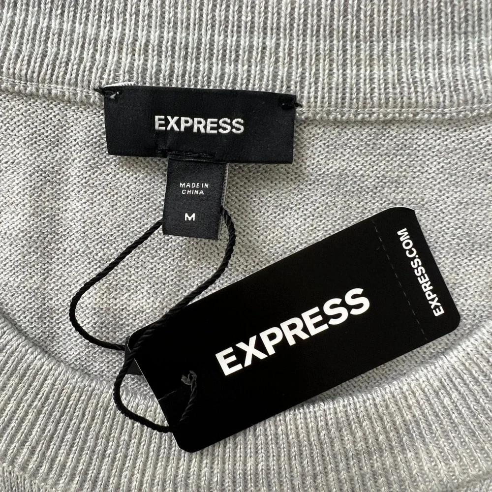 Express Men Striped Crew Neck Sweater Light‎ Gray Aqua Size Medium M Wool Blend